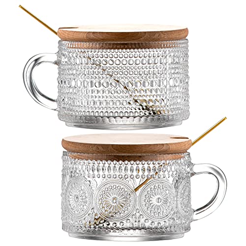Gezzeny Vintage Glass Coffee Mugs with Wooden Lids 14 Oz Set of 2 Embossed Tea Cups for Cappuccino, Latte,Cereal, Beverage Christmas Thanksgiving Day Gifts - Image 1