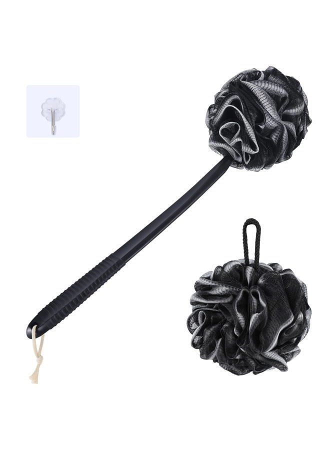 VANZAVANZU Loofah Sponge Set Loofah Exfoliating Body Scrubber, Anti-Slip Plastic 17" Handle Loofah on a Stick with Fluffy Shower Sponge, PE Soft Mesh Shower Loofahs-Black with White Edge - Image 1