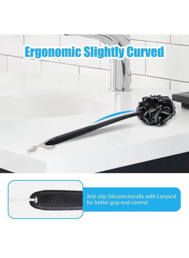 VANZAVANZU Loofah Sponge Set Loofah Exfoliating Body Scrubber, Anti-Slip Plastic 17" Handle Loofah on a Stick with Fluffy Shower Sponge, PE Soft Mesh Shower Loofahs-Black with White Edge - Image 2