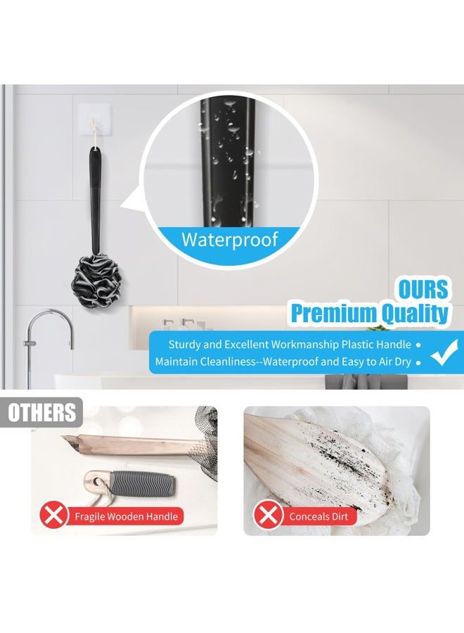 VANZAVANZU Loofah Sponge Set Loofah Exfoliating Body Scrubber, Anti-Slip Plastic 17" Handle Loofah on a Stick with Fluffy Shower Sponge, PE Soft Mesh Shower Loofahs-Black with White Edge - Image 4