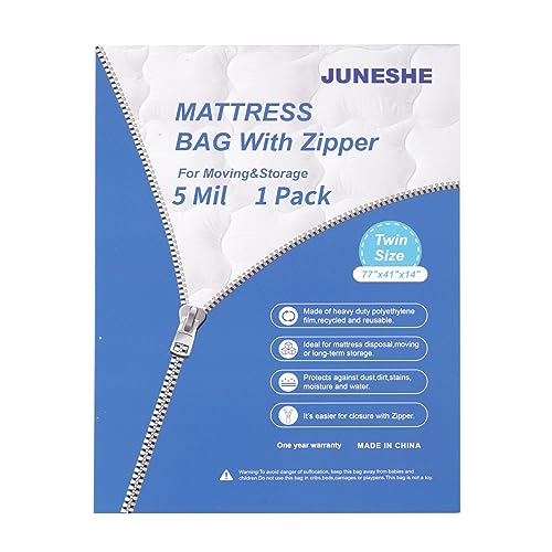 JUNESHE Twin Mattress Bag for Moving and Storage Cover -5 Mil Zipper Plastic Waterproof Mattress Storage Bag,77x41x14 inches,1 Pack - Image 1