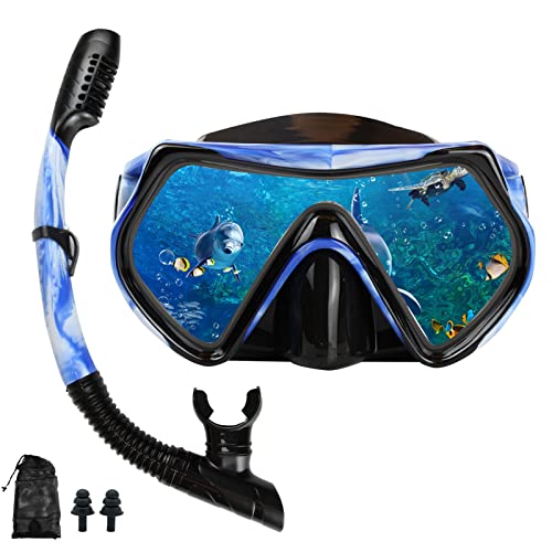 Snorkel mask Snorkeling Set for Adults and Youth Diving mask and Full Dry Snorkel Swim Googles is Suitable for Snorkeling Dive Scuba Diving Swimming Blue and WhiteBlack