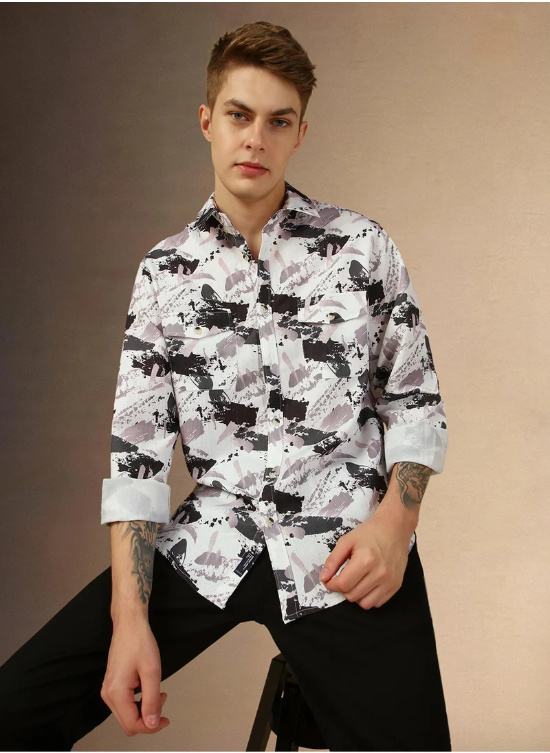 دينيس لينغو Men's Blue 100% Cotton Printed Relaxed Fit Shirt