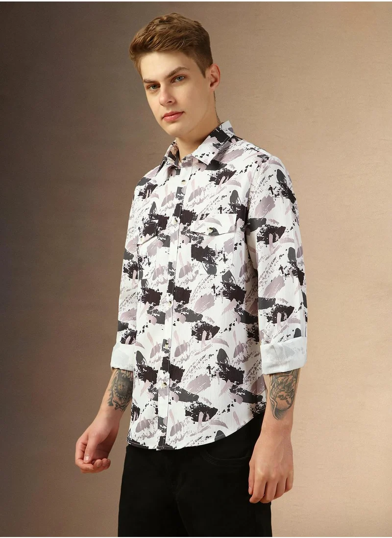 دينيس لينغو Men's Blue 100% Cotton Printed Relaxed Fit Shirt