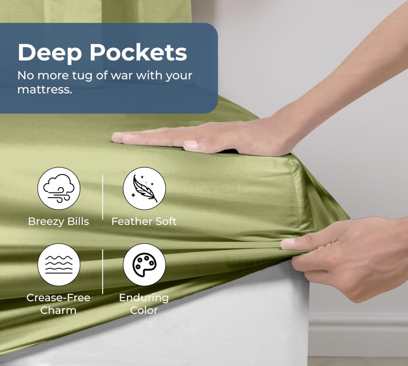 Royale Linens 100% Organic Cotton Fitted Sheet - Percale Weave - Super Soft Deep Pocket Bottom Sheets - Sage Green Elastic Sheet Twin Size - Twin Fitted Sheets Only - (39"x75"+15", Sage Green) - Image 4