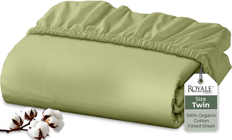 Royale Linens 100% Organic Cotton Fitted Sheet - Percale Weave - Super Soft Deep Pocket Bottom Sheets - Sage Green Elastic Sheet Twin Size - Twin Fitted Sheets Only - (39"x75"+15", Sage Green) - Image 1