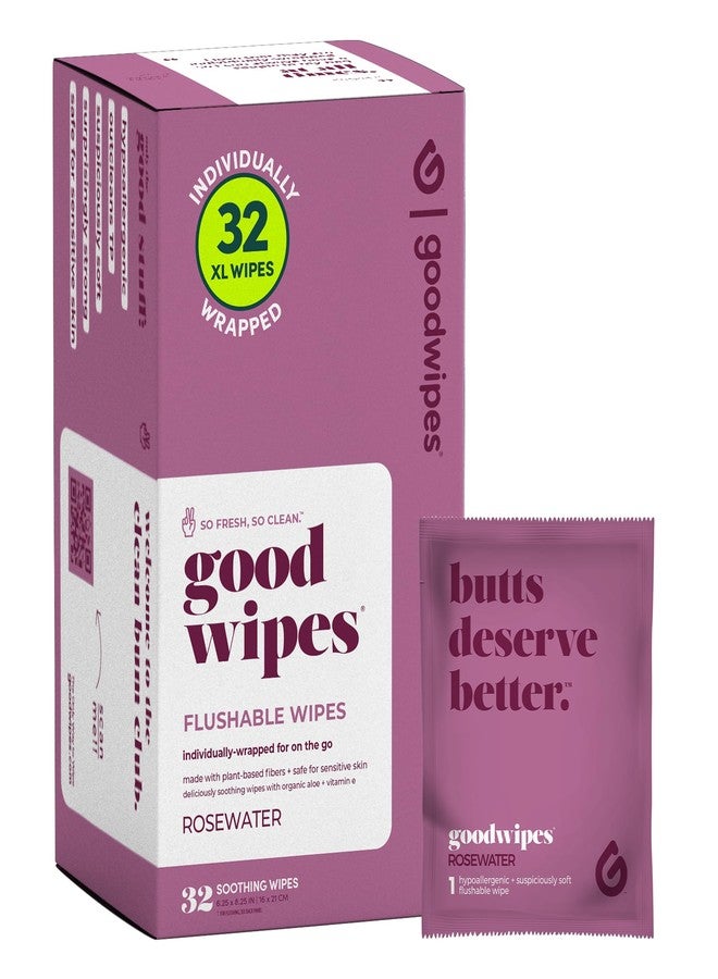 Goodwipes Flushable Wipes - Made with Vitamin E & Aloe - Soft, Individually Wrapped Butt & Feminine Cloths for On-the-Go & Travel Use - Largest Adult Toilet Towelettes - Rosewater, 1 pack, 32 count - Image 1