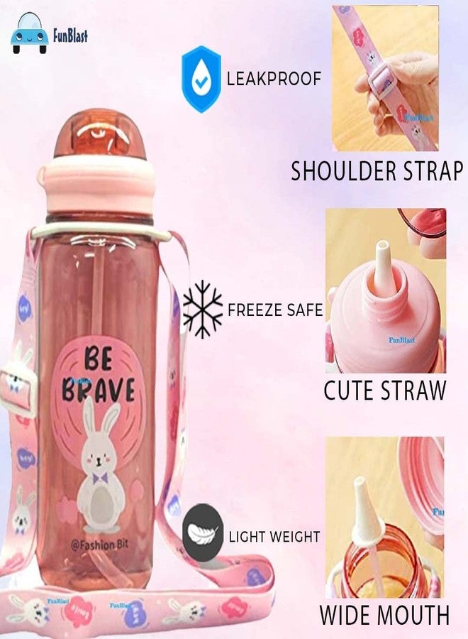 Funeiko Cute Water Bottle for Kids – Cartoon Animal Design Sipper Bottle with Straw & Adjustable Strap Stylish Water Bottle with Sipper, School Water Bottle for Kids – 520 ML (Rabbit) - Image 3