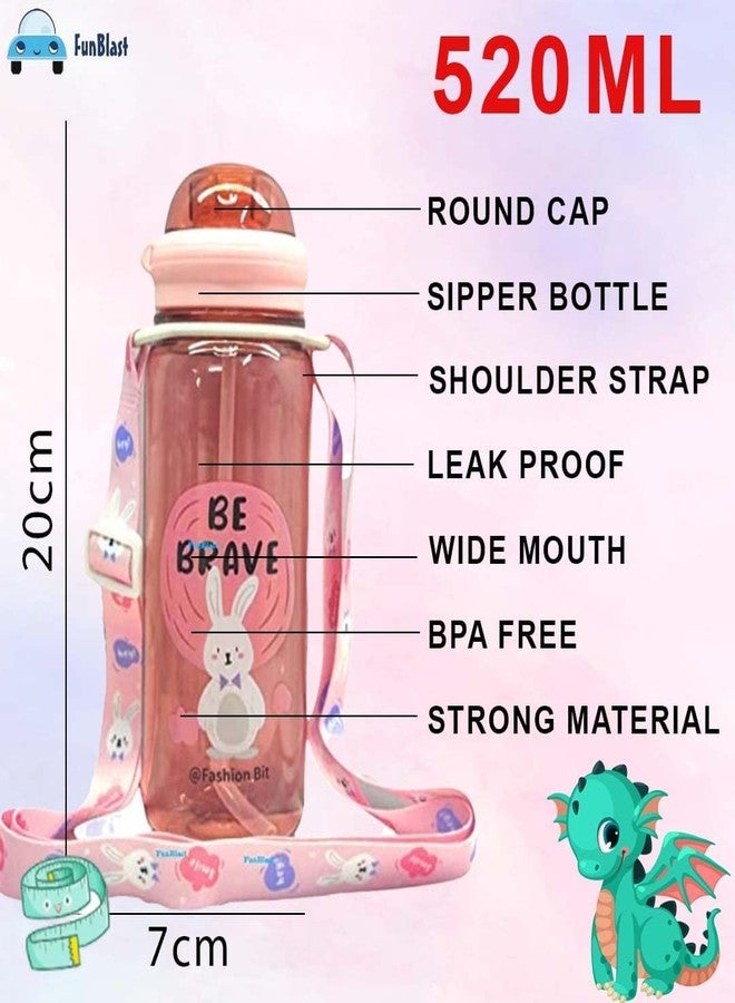 Funeiko Cute Water Bottle for Kids – Cartoon Animal Design Sipper Bottle with Straw & Adjustable Strap Stylish Water Bottle with Sipper, School Water Bottle for Kids – 520 ML (Rabbit) - Image 2