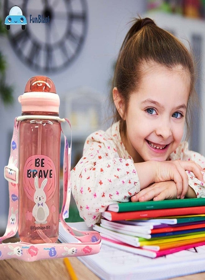 Funeiko Cute Water Bottle for Kids – Cartoon Animal Design Sipper Bottle with Straw & Adjustable Strap Stylish Water Bottle with Sipper, School Water Bottle for Kids – 520 ML (Rabbit) - Image 4
