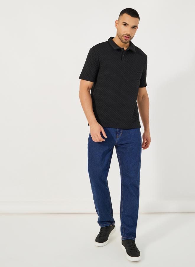 Styli Diagonal Quilted Textured Half Placket Relaxed Polo - Image 2