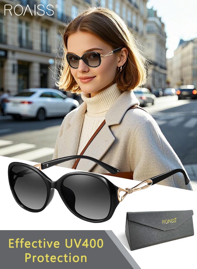 رويس نظارات شمسية بيضاوية مستقطبة للنساء، نظارات شمسية للحماية من الأشعة فوق البنفسجية 400، نظارات شمسية عصرية لحفلات التسوق والسفر مع حافظة نظارات، 56 مم - Image 1