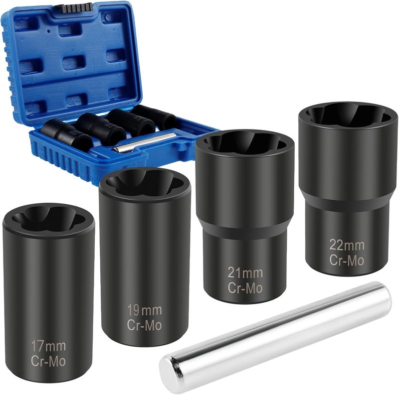 windforgecraft 5Pcs Damaged Screw Extractor Set Sturdy Broken Bolt and Nut Remover Kit with Bar 17/19/21/22mm Screw Extractor Socket Wheel Nut Removal Tool for Rusted Screws Damaged Screw - Image 1