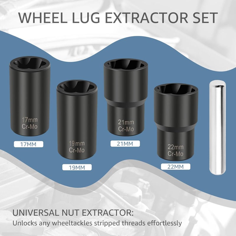 windforgecraft 5Pcs Damaged Screw Extractor Set Sturdy Broken Bolt and Nut Remover Kit with Bar 17/19/21/22mm Screw Extractor Socket Wheel Nut Removal Tool for Rusted Screws Damaged Screw - Image 2