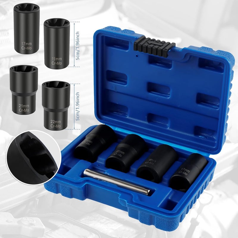 windforgecraft 5Pcs Damaged Screw Extractor Set Sturdy Broken Bolt and Nut Remover Kit with Bar 17/19/21/22mm Screw Extractor Socket Wheel Nut Removal Tool for Rusted Screws Damaged Screw - Image 4