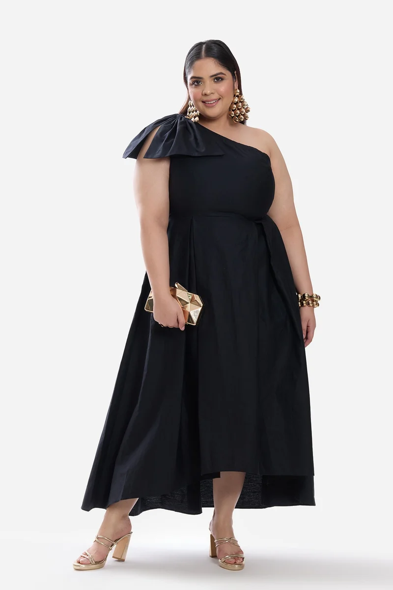 فيرجيو Solid Cotton One Shoulder Bow Plus Size Dress for Women