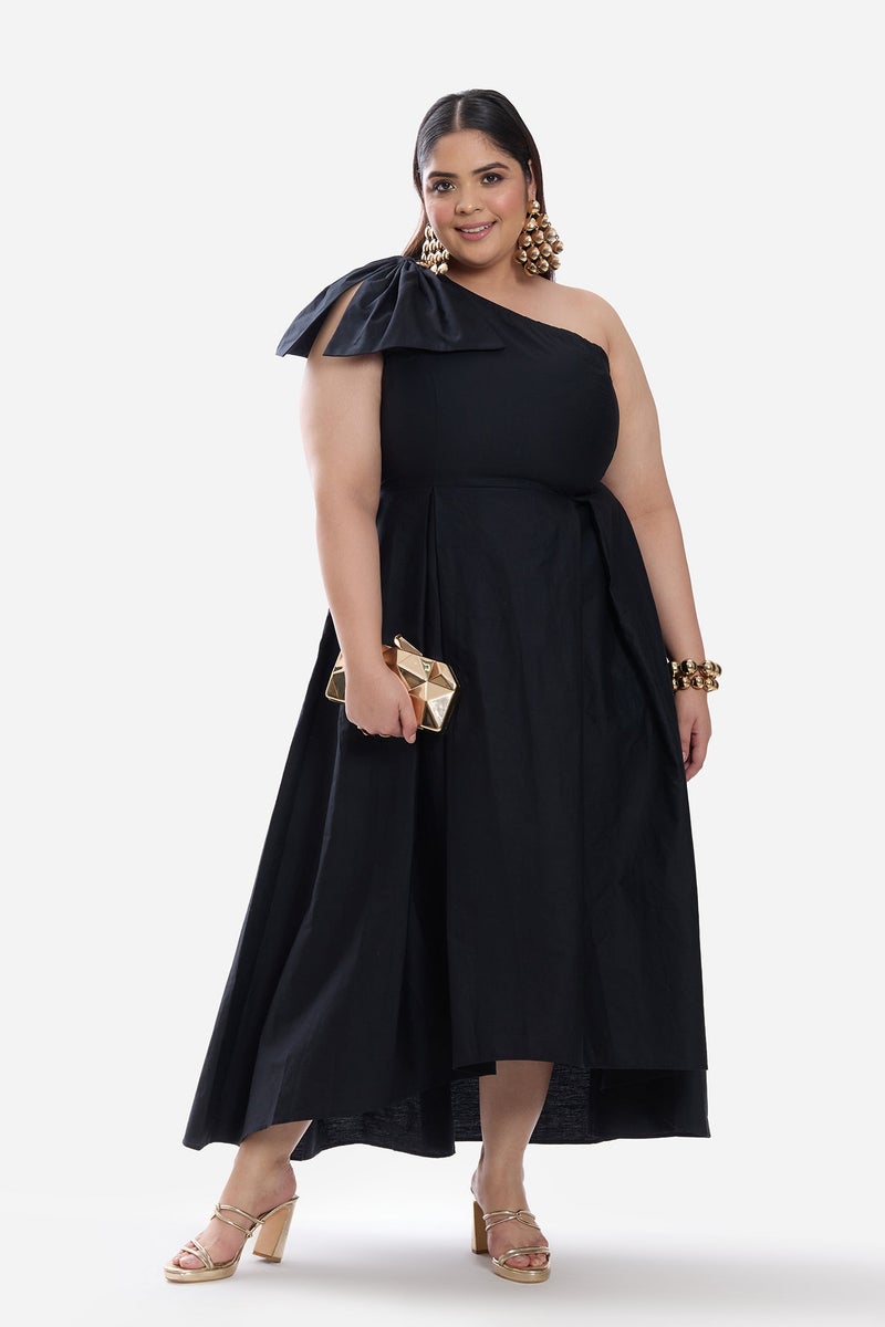 Virgio Solid Cotton One Shoulder Bow Plus Size Dress for Women - Image 1