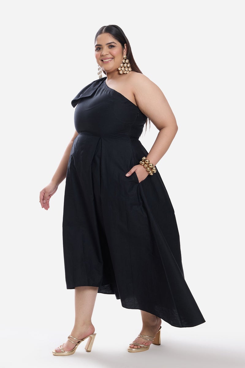 Virgio Solid Cotton One Shoulder Bow Plus Size Dress for Women - Image 3