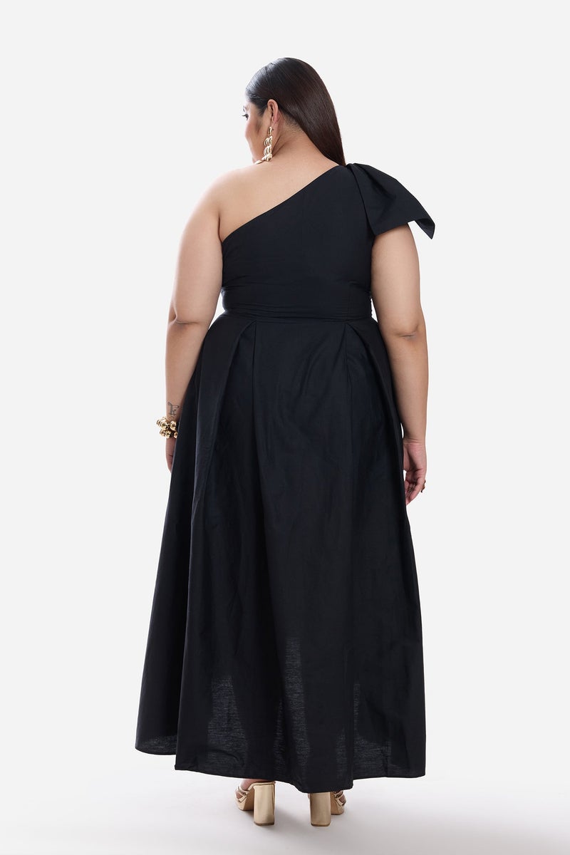 Virgio Solid Cotton One Shoulder Bow Plus Size Dress for Women - Image 5