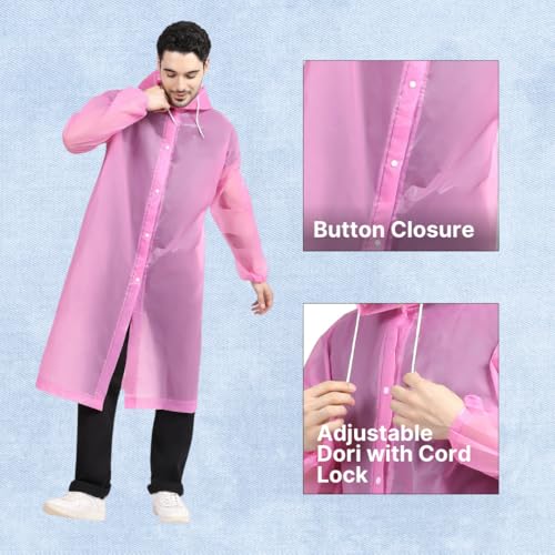 Citizen Eco-Friendly EVA Poncho Raincoat for Men & Women, Lightweight Waterproof Coat with Hood, Adjustable Drawstring, Button Closure & Easy Carry Pouch, Reusable & Durable Outdoor Rainwear-Pink - Image 5