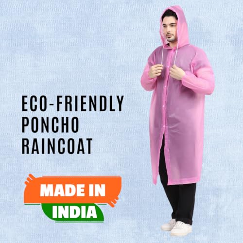 Citizen Eco-Friendly EVA Poncho Raincoat for Men & Women, Lightweight Waterproof Coat with Hood, Adjustable Drawstring, Button Closure & Easy Carry Pouch, Reusable & Durable Outdoor Rainwear-Pink - Image 2