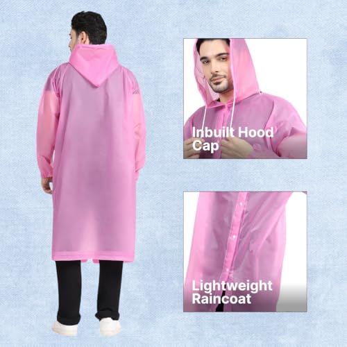 Citizen Eco-Friendly EVA Poncho Raincoat for Men & Women, Lightweight Waterproof Coat with Hood, Adjustable Drawstring, Button Closure & Easy Carry Pouch, Reusable & Durable Outdoor Rainwear-Pink - Image 3