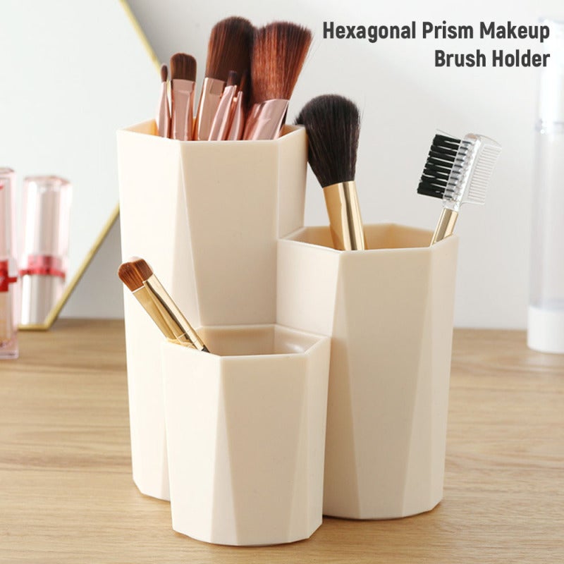 Makeup Brush Holder: 3-Tube Hexagonal Prism PS Storage - Durable Space-Saving Organizer for Desktop, Makeup Tools and Stationery - Image 4