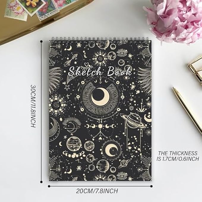 SKETCHBOOK TOP SPIRAL BOUND SKETCH PAD, 9 X 12 INCH,100GSM THICK PAPER,50 SHEETS 100 PAGES,ART SKETCH BOOK AESTHETIC CUTE DRAWING WRITING PAPER,FOR GIRLS WOMEN-SUN MOON - Image 3