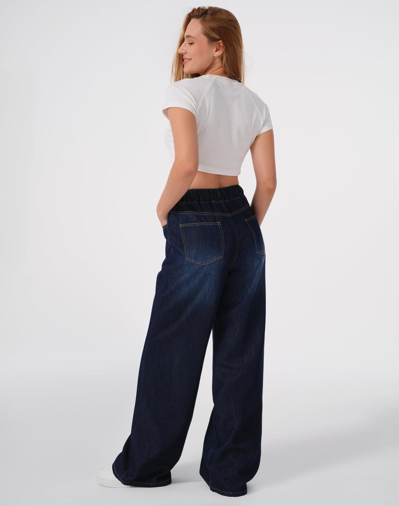 roswear Womens Jeans Non-Stretch Sweatpants Loose Fit Pull On Elastic Waist Front Seam Pants Classic Blue Medium - Image 2