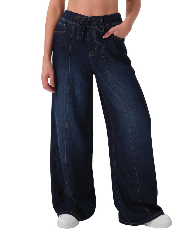 roswear Womens Jeans Non-Stretch Sweatpants Loose Fit Pull On Elastic Waist Front Seam Pants Classic Blue Medium - Image 1