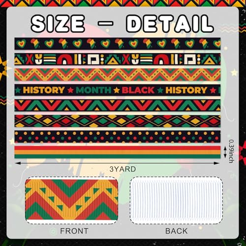 YKW 8 Pack Black History Month Ribbon, 3/8 Inch x 3 Yards Each, African Pattern Grosgrain Ribbon, Cultural Decorative for School Classroom Party Gift Wrapping - Image 2