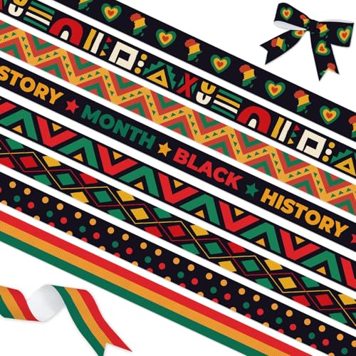 YKW 8 Pack Black History Month Ribbon, 3/8 Inch x 3 Yards Each, African Pattern Grosgrain Ribbon, Cultural Decorative for School Classroom Party Gift Wrapping - Image 1