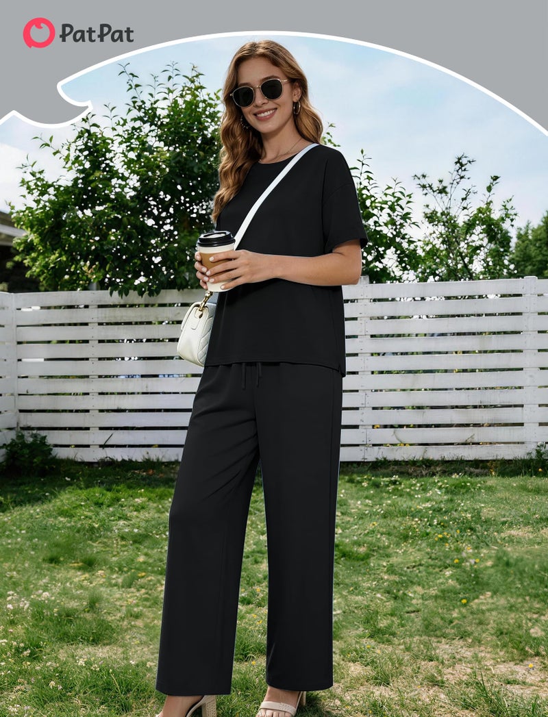 PATPAT Lounge Sets for Women Short Sleeve Pajama Set Soft Comfy Elastic Pjs 2 Piece Loungewear Outfits with Pockets Black, XL - Image 3