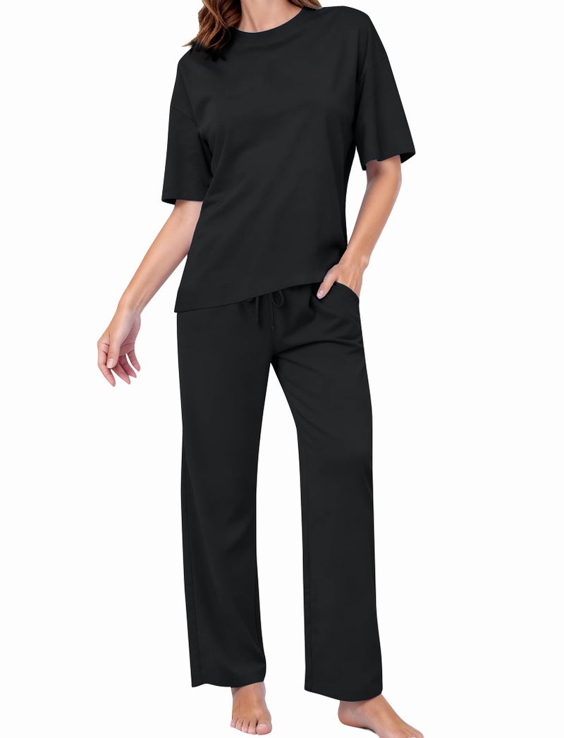 PATPAT Lounge Sets for Women Short Sleeve Pajama Set Soft Comfy Elastic Pjs 2 Piece Loungewear Outfits with Pockets Black, XL - Image 1