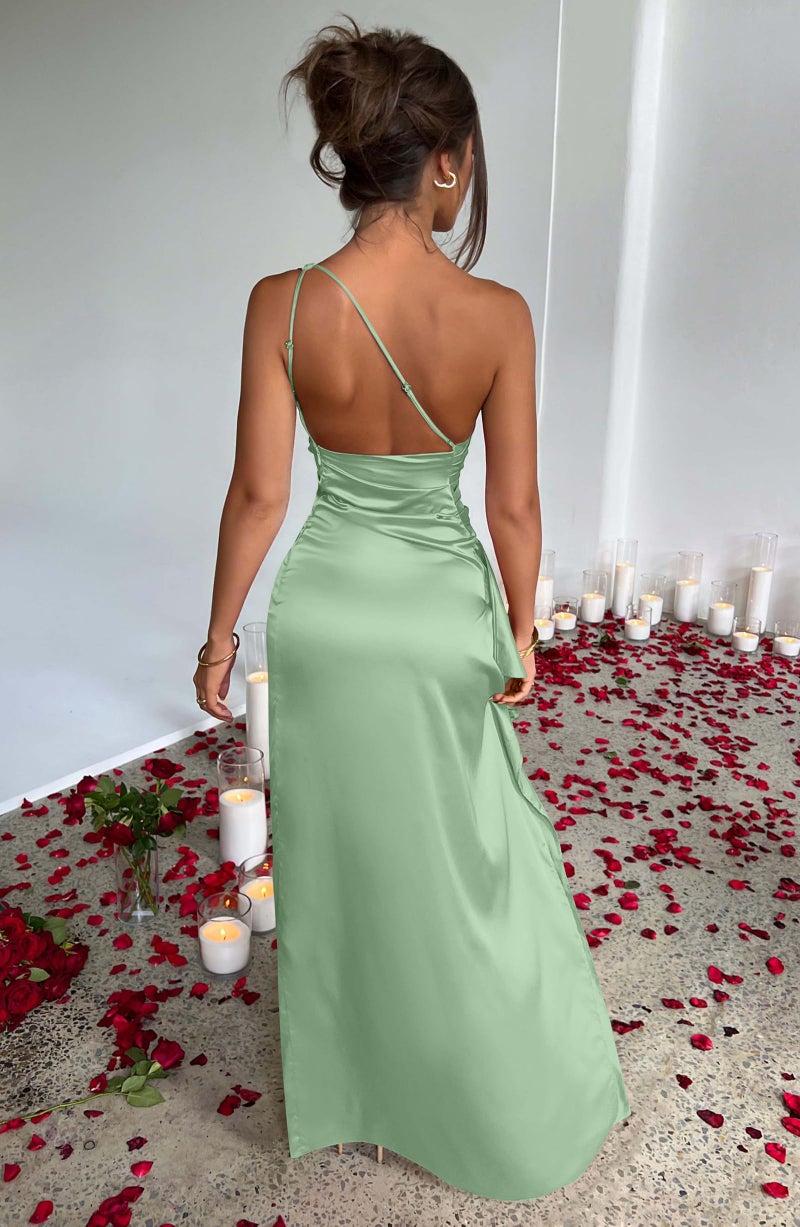 Memoriesea Women's Sexy One Shoulder Satin High Split Cocktail Wedding Party Maxi Dress Sage - Image 5