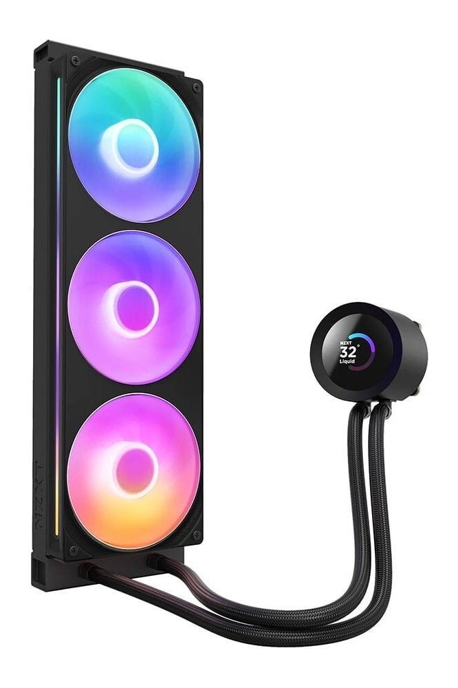 ان زد اكس تي مبرد وحدة المعالجة المركزية السائل Kraken Plus 360 RGB AIO مقاس 360 مم مع شاشة LCD مقاس 1.54 بوصة، ومراوح RGB، ومضخة توربينية NZXT (1200-2800 دورة في الدقيقة)، ومبرد من الألومنيوم، و3 مراوح RGB Core مقاس 120 مم، ومتوافق مع Intel LGA 1851/1700/1200/115X وAMD AM5/AM4، وتشغيل هادئ، وتحكم ببرنامج CAM، لون أسود | RL-KR360-B2 - Image 2