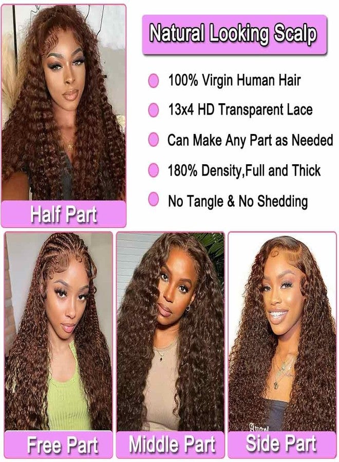 WPPIKK Chocolate Brown Lace Front Wigs Human Hair Pre Plucked 180 Density Brazilian Wet and Wavy Human Hair Wigs for Black Women Colored Curly 13x4 Lace Frontal Wig (Brown Color, 22 Inch) - Image 2