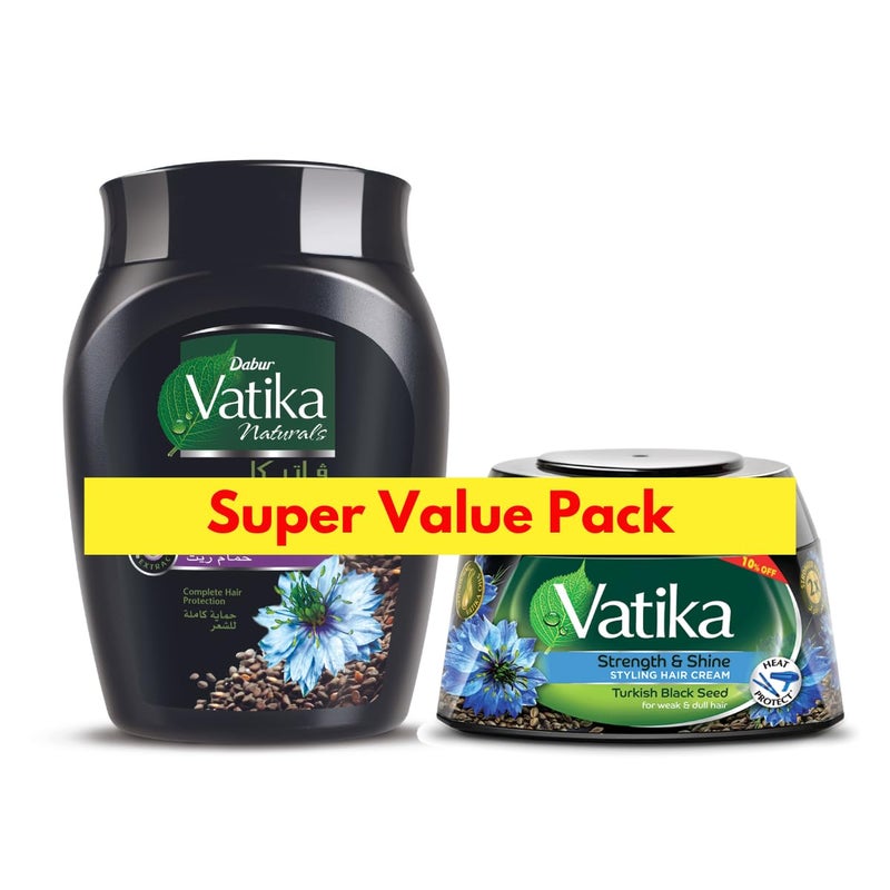 Vatika Naturals Blackseed (Habba Souda) Hammam Zaith + Vatika Naturals Turkish Blackseed Styling Hair Cream Value Pack | For Complete Hair Protection - 250 gm + 70 ml