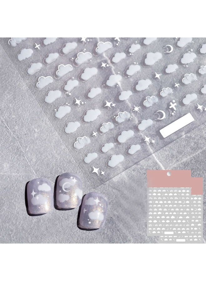 TPhaelay Night Sky Nail Art Sticker Decals 3D White Moon Star AWN Cloud Pattern Nail Tips Semi Transparent Design Fashion Charm DIY Toenails Nail Tattoos for Women Girls Manicure Nail Decoration (2 Sheets) - Image 1