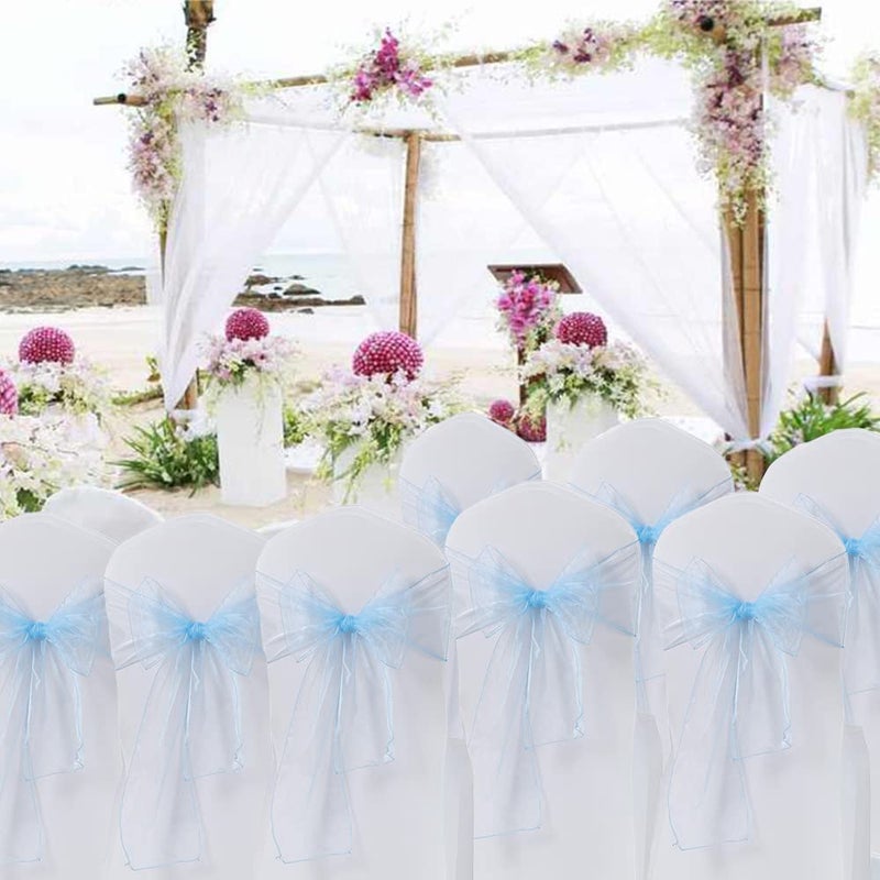 MAGTOWNE Organza Chair Sashes Ties 50 Pack Universal Chiffon Knots Light Blue Chair Bows for Wedding Party Reception Ceremony Banquet Decorations - Light Blue - Image 2