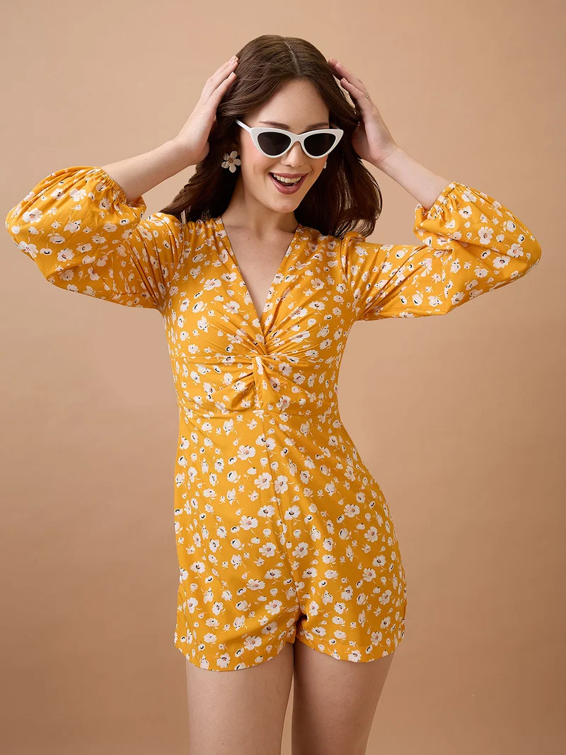 globus Globus Women V-Neck Floral Print Twisted Bishop Sleeve Playsuit