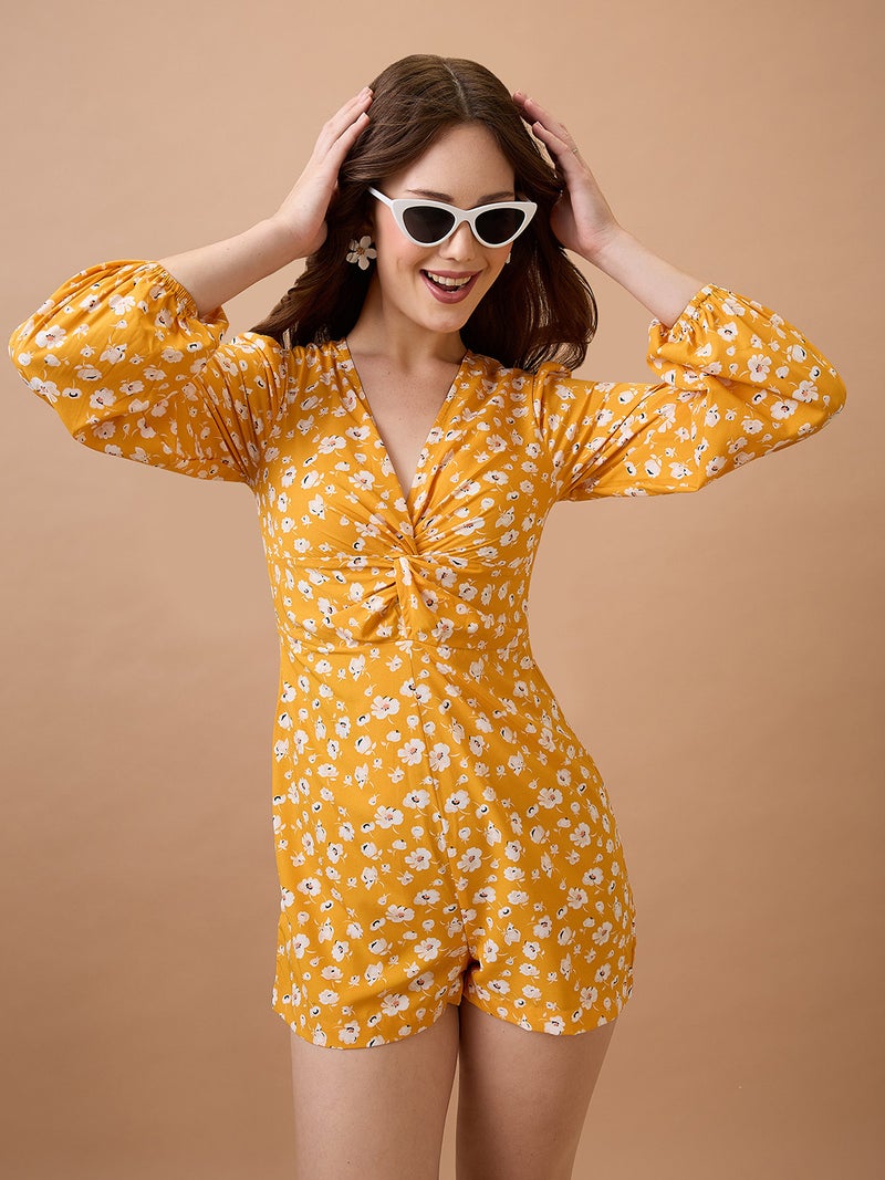 globus Globus Women V-Neck Floral Print Twisted Bishop Sleeve Playsuit  - Image 1