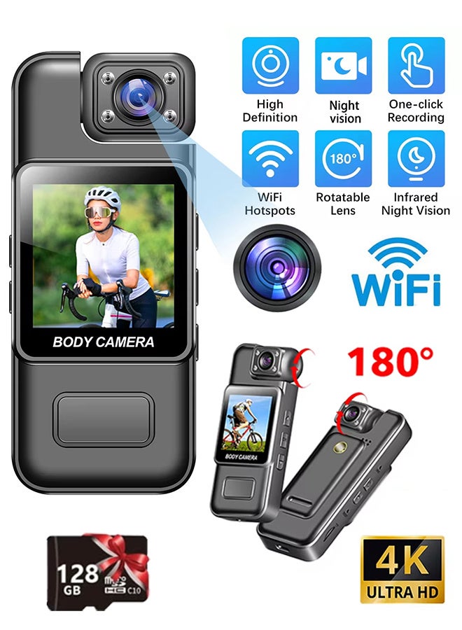 4K WiFi Body Camera with Audio and Video Wearable Body Cam Camcorder 180° Rotatable Lens Motion Detection Back Clip for Law Enforcement Delivery Personal Traveling Outdoor Sports,128GB Included - Image 1