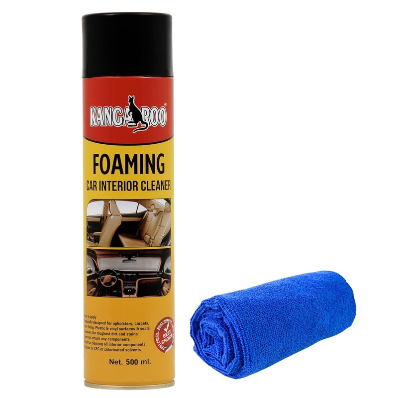 Kangaroo® Foaming Car Interior Cleaner 500 ml with Microfiber Towel || Foam Based Hi-Tech Formula || Waterless Foam Spray Use for Leather seat, Sofa, car roof Cleaner - Image 1