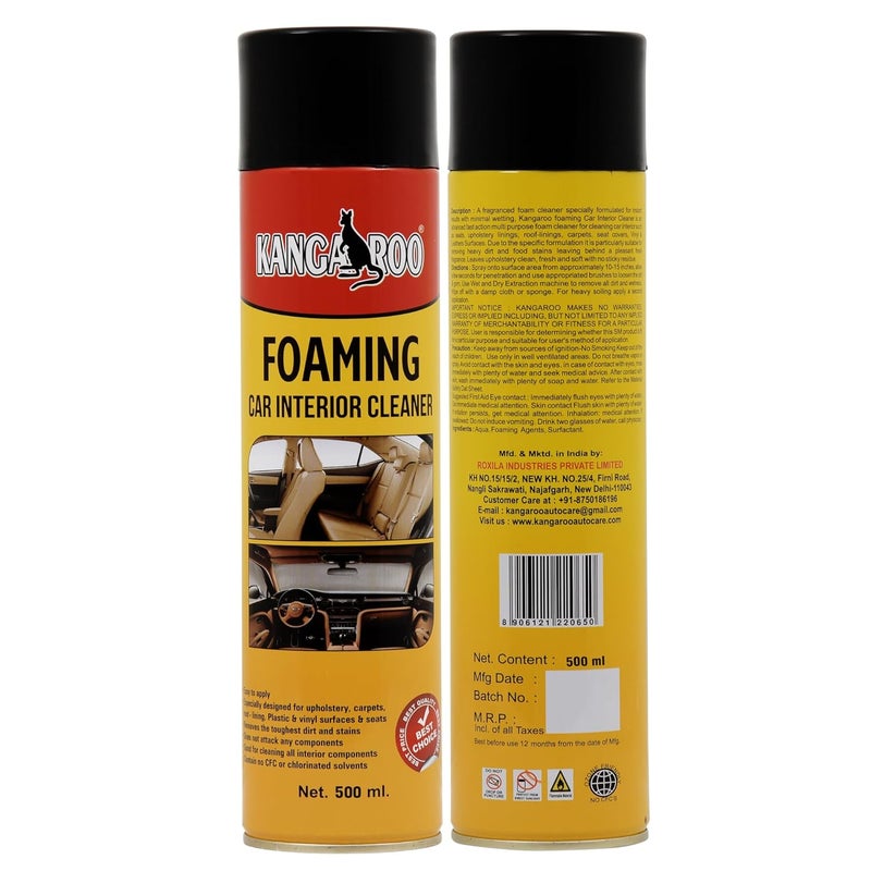 Kangaroo® Foaming Car Interior Cleaner 500 ml with Microfiber Towel || Foam Based Hi-Tech Formula || Waterless Foam Spray Use for Leather seat, Sofa, car roof Cleaner - Image 2
