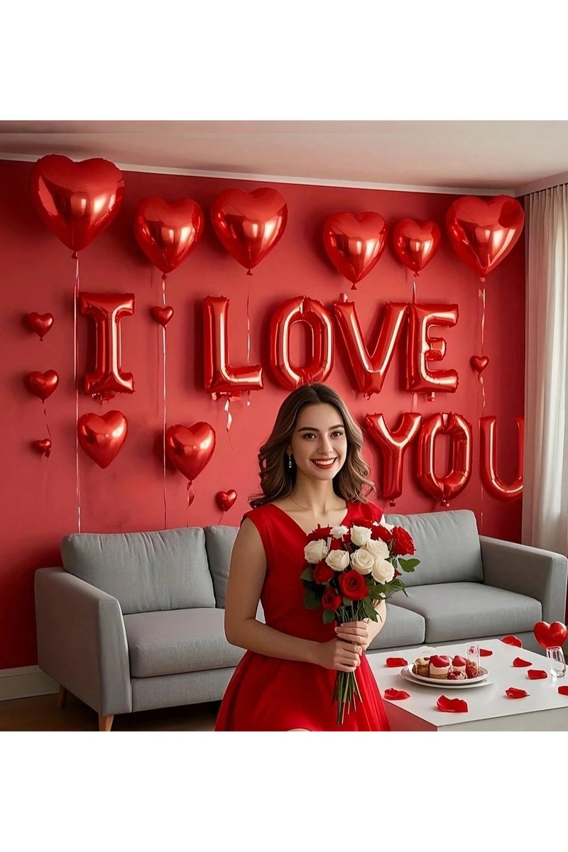 Farha Anniversary, Valentine's Day, Wedding Party Decorations Set of 14 I Love You Letters and Red Heart Balloons - Image 1
