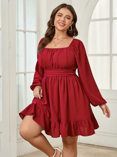 SHESTARR Womens Plus Size Dress Long Lantern Sleeve Square Neck Elastic Waist A-Line Mini Short Dress Red - Image 3