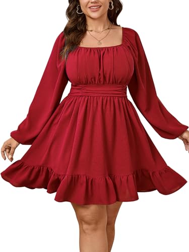 SHESTARR Womens Plus Size Dress Long Lantern Sleeve Square Neck Elastic Waist A-Line Mini Short Dress Red - Image 1