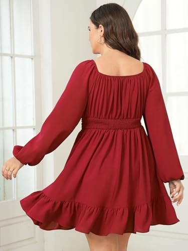 SHESTARR Womens Plus Size Dress Long Lantern Sleeve Square Neck Elastic Waist A-Line Mini Short Dress Red - Image 4