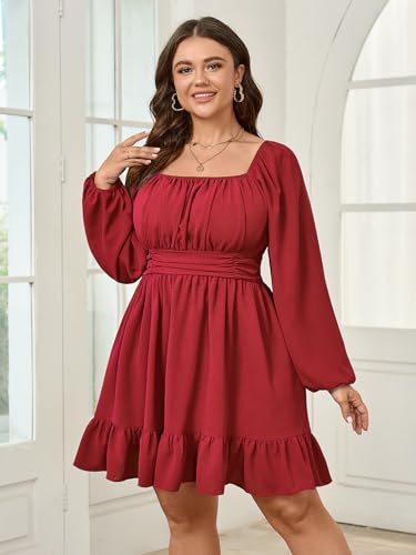 SHESTARR Womens Plus Size Dress Long Lantern Sleeve Square Neck Elastic Waist A-Line Mini Short Dress Red - Image 2